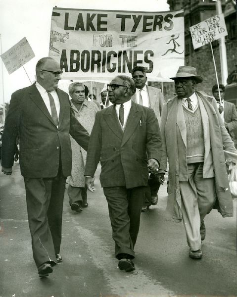 Left to right, Clive Stoneham, Labor Leader of the Opposition, Bill Onus, Pastor Doug Nicholls, Joe McGinness and Laurie Moffatt lead 40 Aboriginal men and women protesting at the government's plans to close Lake Tyers.