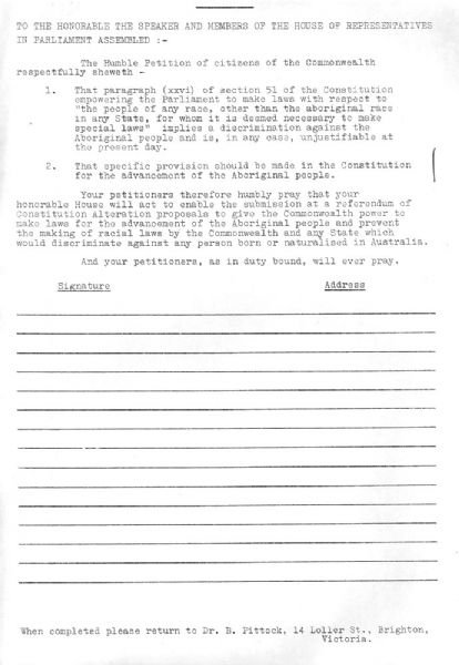 This petition was prepared by the Legislative Reform Committee of FCAATSI. It shows the hopes which this committee had for greater Commonwealth involvement in Aboriginal affairs.