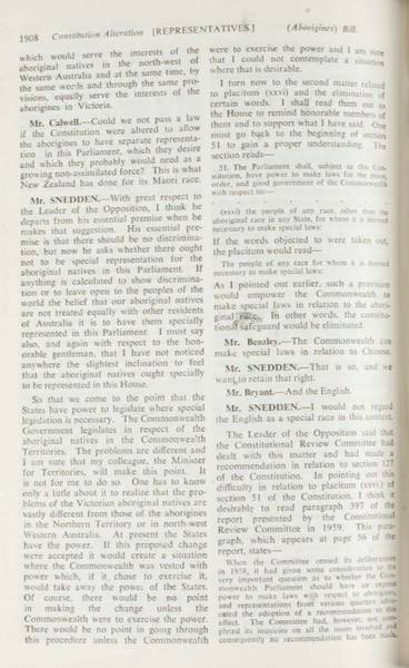 Page 7 of 17 Parliamentary debate, Constitution Alteration (Aborigines) Bill 1964. Arthur Calwell, Second reading speech, House of Representatives, 14 May 1964.
