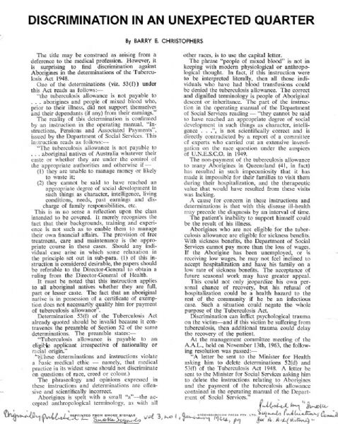 An article by Barry Christophers about discrimination against Aborigines in the <em>Tuberculosis Act 1948</em>.