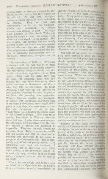 Page 3 of 17 Parliamentary debate, Constitution Alteration (Aborigines) Bill 1964. Arthur Calwell, Second reading speech, House of Representatives, 14 May 1964.