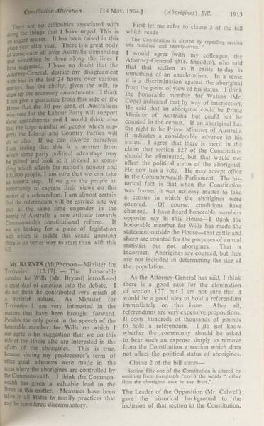 Page 12 of 17 Parliamentary debate, Constitution Alteration (Aborigines) Bill 1964. Arthur Calwell, Second reading speech, House of Representatives, 14 May 1964.