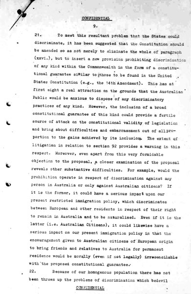 Page 9 of 13 (note pages 14-16 are related documents) Confidential for Cabinet, Submission no. 1009 Constitutional amendments: sections 24-27, 127 and 51 (xxvi) Attorney-General Bill Snedden sets out the case for amendment of section 51 (xxvi)of the Australian Constitution.