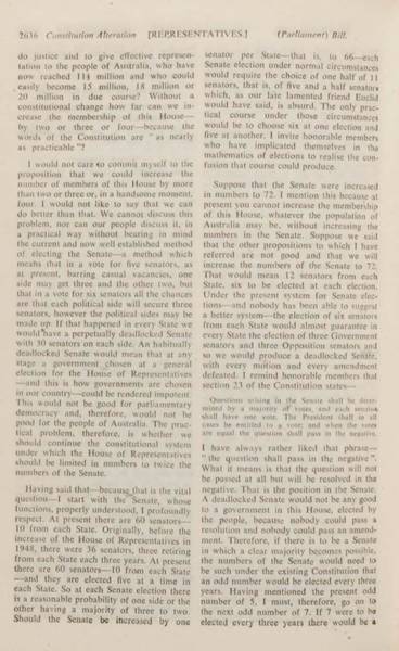 Page 2 of 6 Parliamentary debates, Constitution Alteration Bill (Parliament) 1965 and Constitution Alteration Bill (Repeal of Section 127) Bill 1965. Robert Menzies, Second Reading speech, House of Representatives, 11 November 1965.