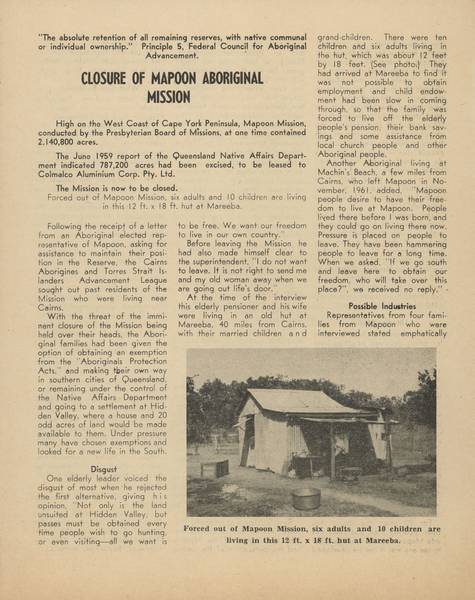 Page 1 of 4  In keeping with its 5th principle 'The absolute retention of all remaining reserves, with native communal or individual ownership', the Federal Council for Aboriginal Advancement opposed this closure.