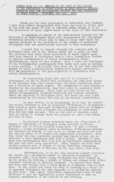 Page 1 of 3 Shirley Andrews' speech in May 1963 at a United Nations seminar on police and human rights generated many letters to newspapers.