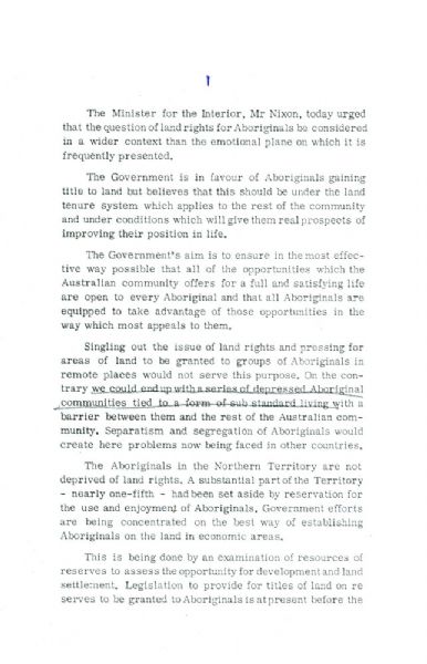 Page 2 of 4 Northern Territory Aboriginal Land Rights, statement by the Minister for the Interior, PJ Nixon, 8 August 1968