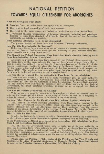 The 1962-63 National Petition campaign aimed to collect 250,000 signatures nation wide. The actual count was approximately 103,000 signatures. This Victorian National Petition Campaign Committee petition argued the case for the referendum.