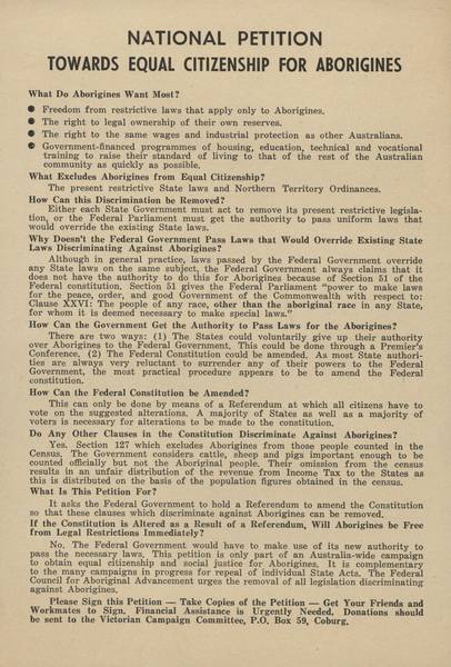 The 1962-63 National Petition campaign aimed to collect 250,000 signatures nation wide. The actual count was approximately 103,000 signatures. This Victorian National Petition Campaign Committee petition argued the case for the referendum.