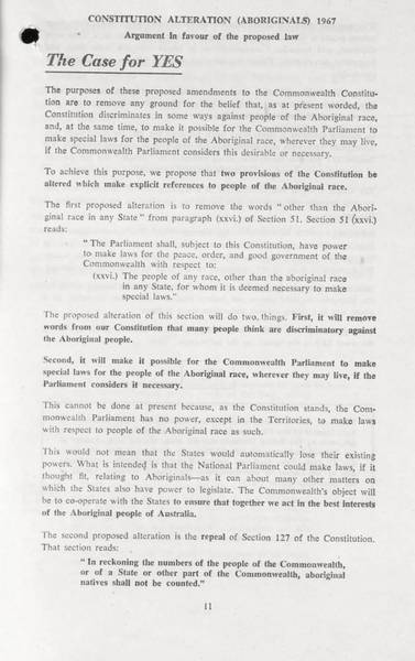 Page 1 of 2 This is the official government argument for a YES vote for the <em>Constitutional Alteration (Aboriginals) Bill 1967</em>.