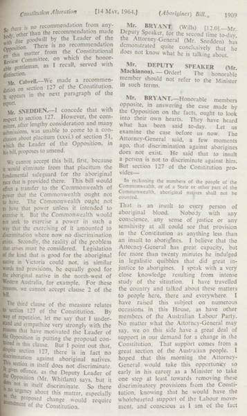 Page 8 of 17 Parliamentary debate, Constitution Alteration (Aborigines) Bill 1964. Arthur Calwell, Second reading speech, House of Representatives, 14 May 1964.