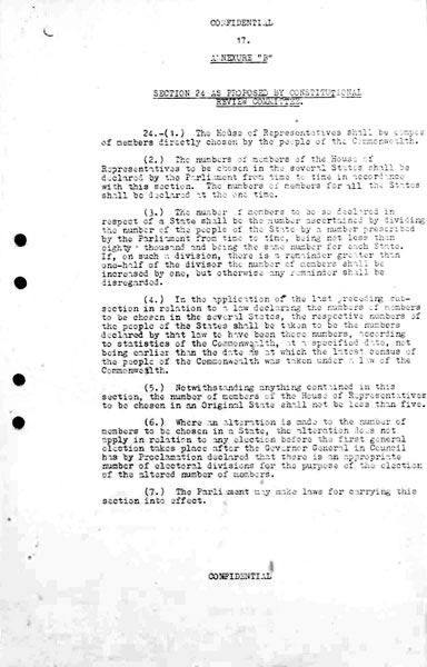 Page 17 of 18 (note pages 19-21 are related documents) Confidential for Cabinet, Submission no. 660 Constitutional amendments: sections 24 to 27, 51 (xxvi), 127 Annexure B: Section 24 as proposed by Constitutional Review Committee Attorney-General Bill Snedden puts the case for the amendment of section 51 (xxvi) and the repeal of section 127 and for these changes to be put at referendum with proposed changes to the number of parliamentarians.