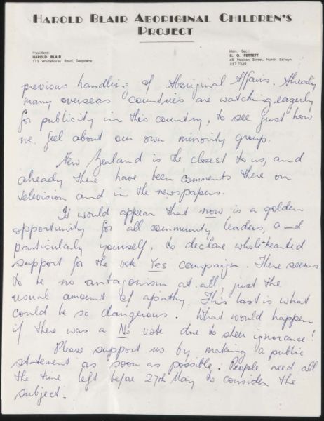 Page 2 of 4 Letter to the Prime Minister from the Public Relations Director, Harold Blair Aboriginal Children's Project, urging him to publicly support the vote YES campaign, 10 May 1967.