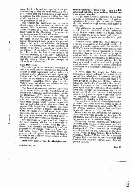 Page 2 of 2 This article is not signed but is most likely by Barry Christophers. It argues that from political, moral, scientific, legal, medical, Christian and trade union points of view Aboriginal workers should receive equal pay.