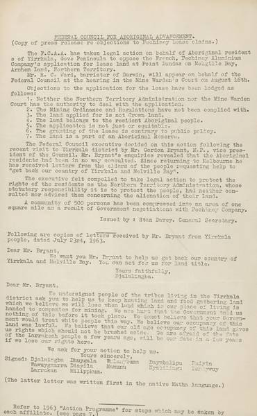 The Federal Council for Aboriginal Advancement (FCAA) took legal action against   the Pechiney Aluminum company's application to lease Yirrkala land at Melville Bay.