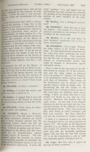 Page 4 of 17 Parliamentary debate, Constitution Alteration (Aborigines) Bill 1964. Arthur Calwell, Second reading speech, House of Representatives, 14 May 1964.