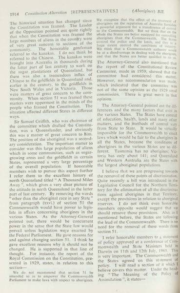 Page 13 of 17 Parliamentary debate, Constitution Alteration (Aborigines) Bill 1964. Arthur Calwell, Second reading speech, House of Representatives, 14 May 1964.