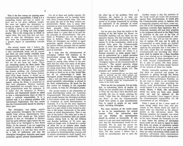Page 2 of 9 Parliamentary debates, Constitution Alteration (Aborigines) Bill 1966. William Wentworth, Second Reading Speech, House of Representatives, 10 March 1966.