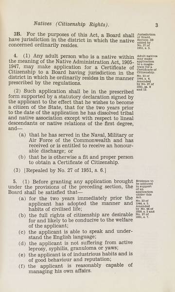 Page 3 of 6 Natives (Citizenship Rights) Act, 1944-1951, Western Australia. An Act to provide for the acquisition of full rights of citizenship by aborigine natives. Assented to 23 December 1944.