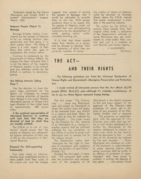 Page 3 of 4 In keeping with its 5th principle 'The absolute retention of all remaining reserves, with native communal or individual ownership', the Federal Council for Aboriginal Advancement opposed this closure.