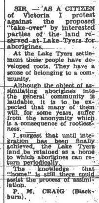 This citizen argued that Lake Tyers should be maintained as a 'home to which aborigines can return periodically'.