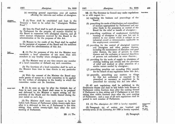 Pages 3 of 4 Aborigines Act 1957, Victoria. An Act relating to the Aboriginal Natives of Victoria, and for other purposes. 11 June 1957.