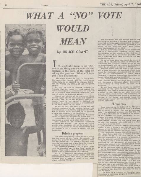 Political commentator explained that a 'No' vote would be understood overseas as meaning that Australians were opposed to advancing the welfare of Aboriginal people.