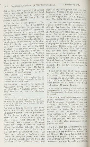 Page 9 of 17 Parliamentary debate, Constitution Alteration (Aborigines) Bill 1964. Arthur Calwell, Second reading speech, House of Representatives, 14 May 1964.