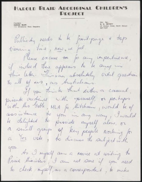 Page 3 of 4 Letter to the Prime Minister from the Public Relations Director, Harold Blair Aboriginal Children's Project, urging him to publicly support the vote YES campaign, 10 May 1967.