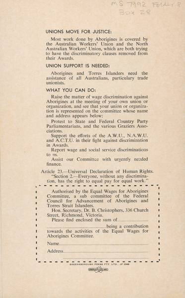 Page 4 of 4  This leaflet produced by the Equal Wages for Aborigines committee shows Aboriginal workers marching in Darwin on May Day 1964.