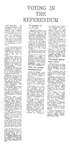 Voting in the referendum Letters to the Editor from B Pittock, LK Appleton, Brian and Mary Cotterell and WJ Orme.
