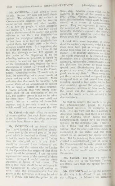 Page 5 of 17 Parliamentary debate, Constitution Alteration (Aborigines) Bill 1964. Arthur Calwell, Second reading speech, House of Representatives, 14 May 1964.