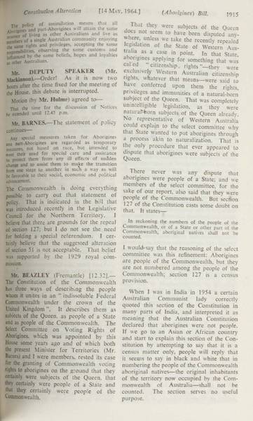Page 14 of 17 Parliamentary debate, Constitution Alteration (Aborigines) Bill 1964. Arthur Calwell, Second reading speech, House of Representatives, 14 May 1964.