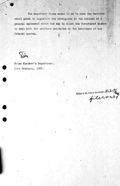 Page 2 of 2 (note pages 1-8 is a related document) Confidential Notes on Cabinet Submissions nos. 46 and 64, Prime Minister's Department, 22 February 1967 Constitutional amendment: Aborigines