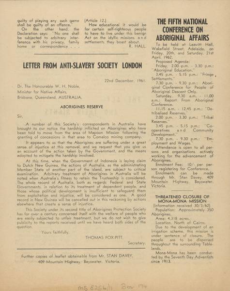 Page 4 of 4 In keeping with its 5th principle 'The absolute retention of all remaining reserves, with native communal or individual ownership', the Federal Council for Aboriginal Advancement opposed this closure.
