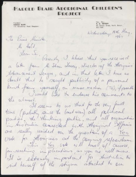 Page 1 of 4 Letter to the Prime Minister from the Public Relations Director, Harold Blair Aboriginal Children's Project, urging him to publicly support the vote YES campaign, 10 May 1967.