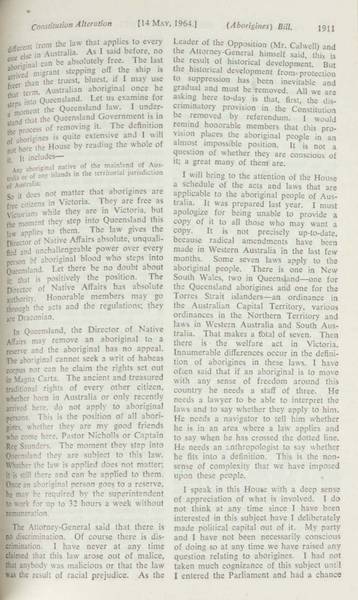 Page 10 of 17 Parliamentary debate, Constitution Alteration (Aborigines) Bill 1964. Arthur Calwell, Second reading speech, House of Representatives, 14 May 1964.