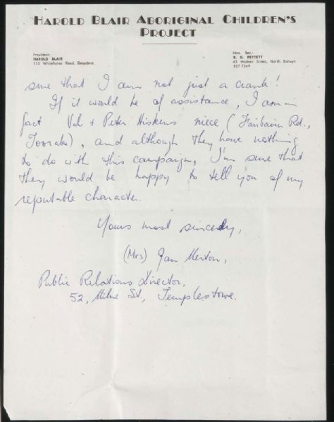Page 4 of 4 Letter to the Prime Minister from the Public Relations Director, Harold Blair Aboriginal Children's Project, urging him to publicly support the vote YES campaign, 10 May 1967.