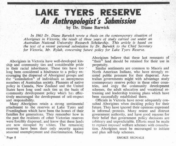 Page 1 of 2 In this article, anthropologist Dr Diane Barwick opposed the plan to move residents and sell Lake Tyers.