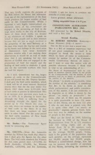 Page 1 of 6  Parliamentary debates, Constitution Alteration Bill (Parliament) 1965 and Constitution Alteration Bill (Repeal of Section 127) Bill 1965. Robert Menzies, Second Reading speech, House of Representatives, 11 November 1965.