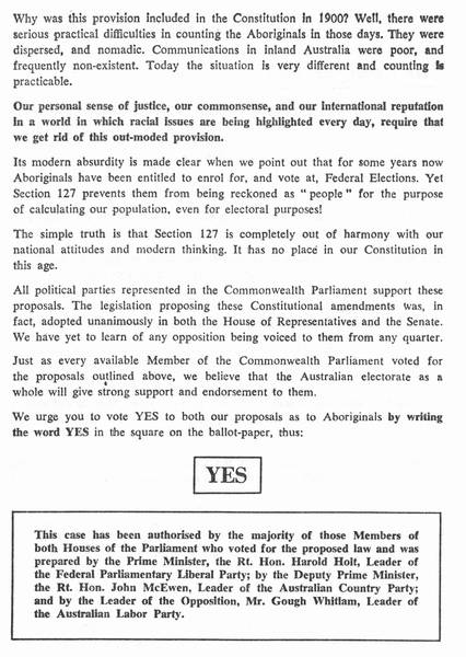 Page 2 of 2 This is the official government argument for a YES vote for the <em>Constitutional Alteration (Aboriginals) 1967 Bill</em>.