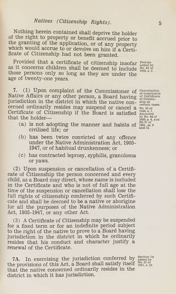 Page 5 of 6 Natives (Citizenship Rights) Act, 1944-1951, Western Australia. An Act to provide for the acquisition of full rights of citizenship by aborigine natives. Assented to 23 December 1944.