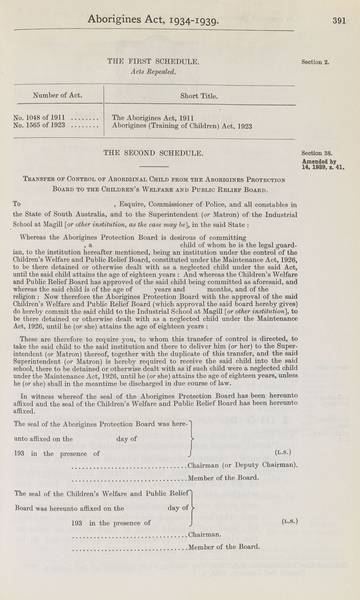 Page 21 of 21 The First and Second Schedules, Aborigines Act, 1934-1939, being Aborigines Act, 1934, No. 2154 of 1934 (assented to 18 October 1934) as amended by Aborigines Act Amendment Act, 1939, No. 14 of 1939 (assented to 22 November 1939). An Act to consolidate certain Acts relating to the protection and control of the aboriginal and half-caste inhabitants of South Australia.