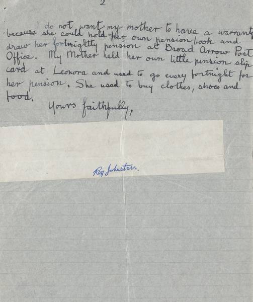 Page 2 of 2 One of many letters written by Mary Bennett to assist Aboriginal people, often illiterate, in the almost impossible task of communicating with bureaucrats who were preventing Aboriginal access to social service benefits.