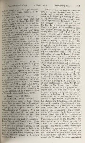 Page 16 of 17 Parliamentary debate, Constitution Alteration (Aborigines) Bill 1964. Arthur Calwell, Second reading speech, House of Representatives, 14 May 1964.