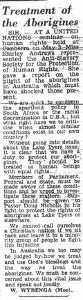 Responding to <em>The Age</em>'s report on Shirley Andrews' speech, this writer argued that Aborigines should be treated 'as human beings with equal rights'.