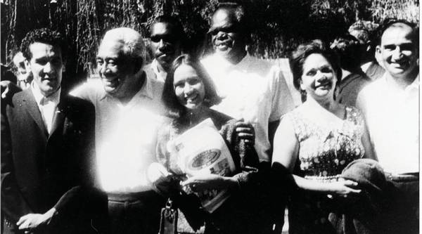 Charles Perkins, Bill Onus on the left, Lupna Giari is third from right, Merle and Alick Jackomos are on the right.