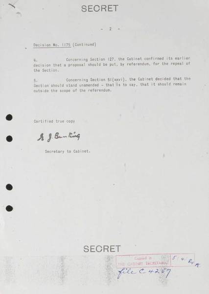 Page 2 of 2 (note pages 1-14 are related documents) Secret Cabinet Minute, Canberra, 30 August 1965 Decision no. 1175 Submission no. 1009 - Constitutional amendments: sections 24-27, 127 and 51 (xxvi)