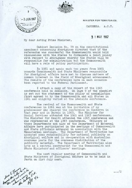 Page 1 of 2 The Minister for Territories Advises