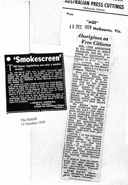 Activists such as Shirley Andrews from the Council for Aboriginal Rights and Stan Davey from the Victoria Aborigines Advancement League used the letters pages to draw attention to the broader implications of the Namatjira court case.